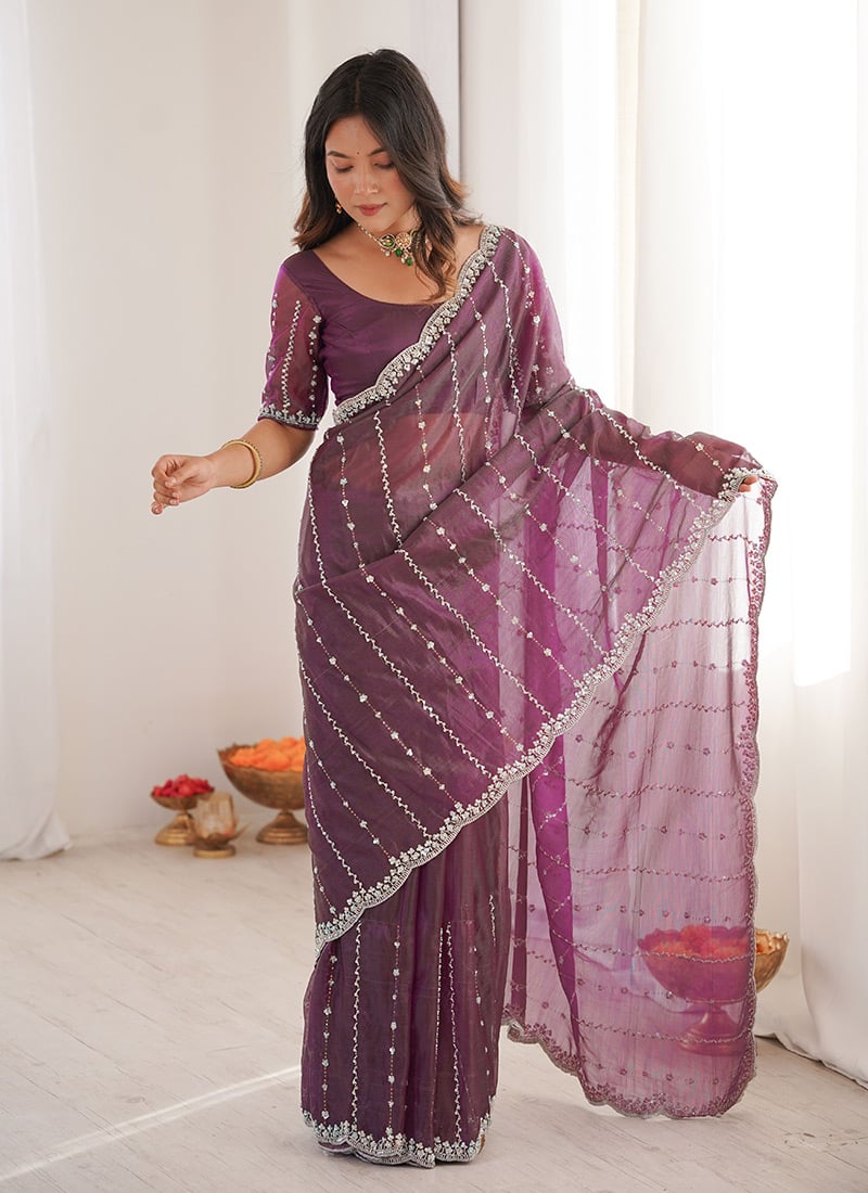 Royal Wine Net Sequins Cutdana Work Saree Festive Wear