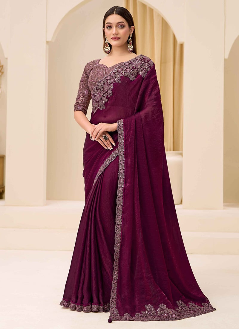 Royal Wine Silk Embroidered Sequins Zari Thread Saree Wedding Wear