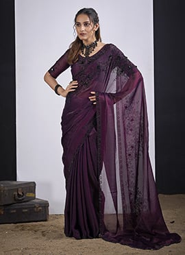 Royal Wine Silk Tikki Work Saree