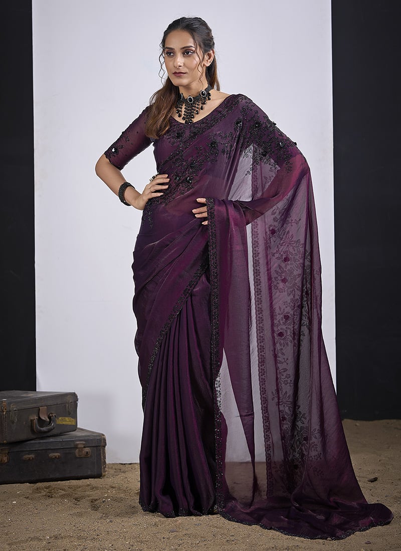Royal Wine Silk Tikki Work Saree After Six Wear