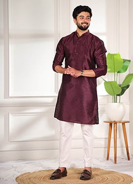 Royal Wine Silk Woven Designer Kurta Pyjama