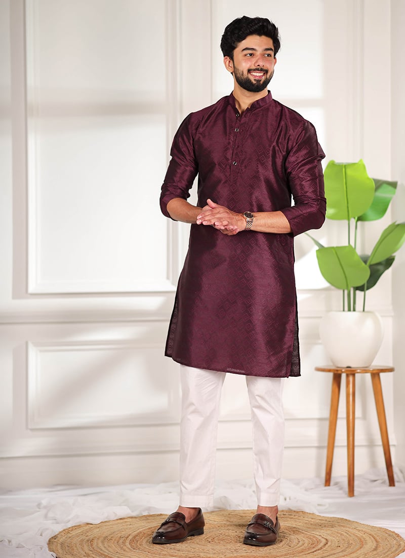 Royal Wine Silk Woven Designer Kurta Pyjama Festive Wear