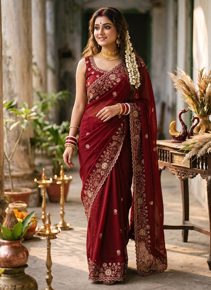 Royal Wine Soft Rangoli Silk Zari Sequins Embroidered Saree Festive Wear