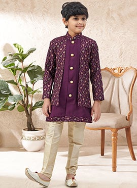 Royal Wine Soft Silk Sequins Embroidered Kids Boys Indowestern Sherwani