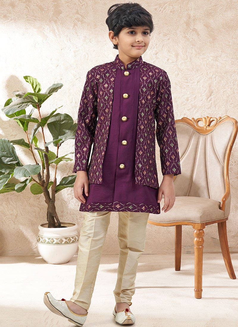 Royal Wine Soft Silk Sequins Embroidered Kids Boys Indowestern Sherwani Wedding Wear