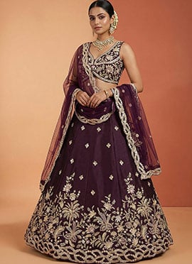 Royal Wine Tissue Embroidered Umbrella Lehenga