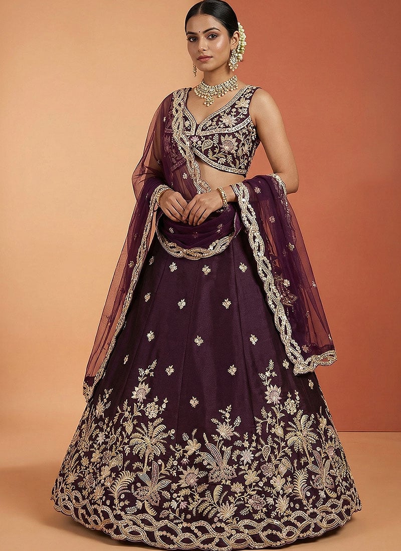 Royal Wine Tissue Embroidered Umbrella Lehenga Wedding Wear