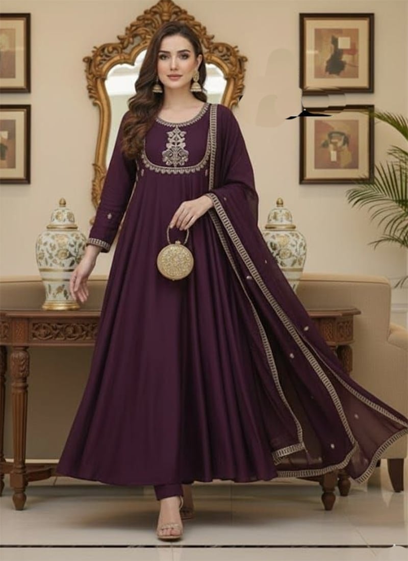 Royal Wine Vichitra Silk Embroidery Zari Weaving Work Straight Pant Suit After Six Wear