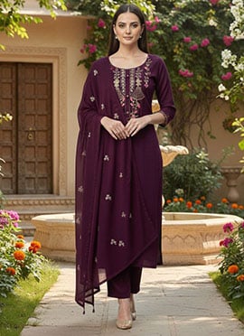 Royal Wine Viscose Embroidered Straight Pant Suit