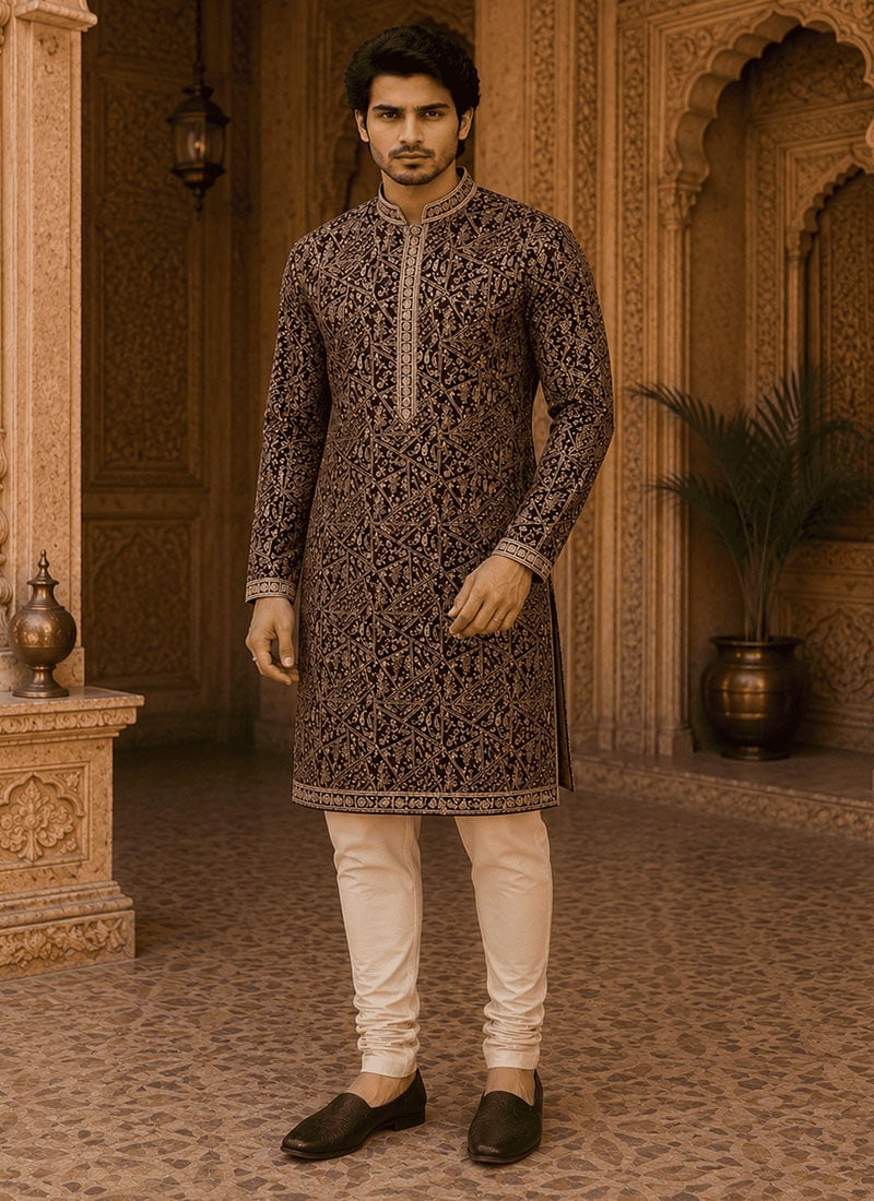 Royal Wine Viscose Rayon Embroidered Kurta For Men