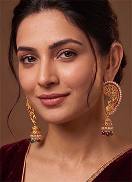 Ruby Green Antique Peacock Chain Jhumka Earrings With Pearl Drops