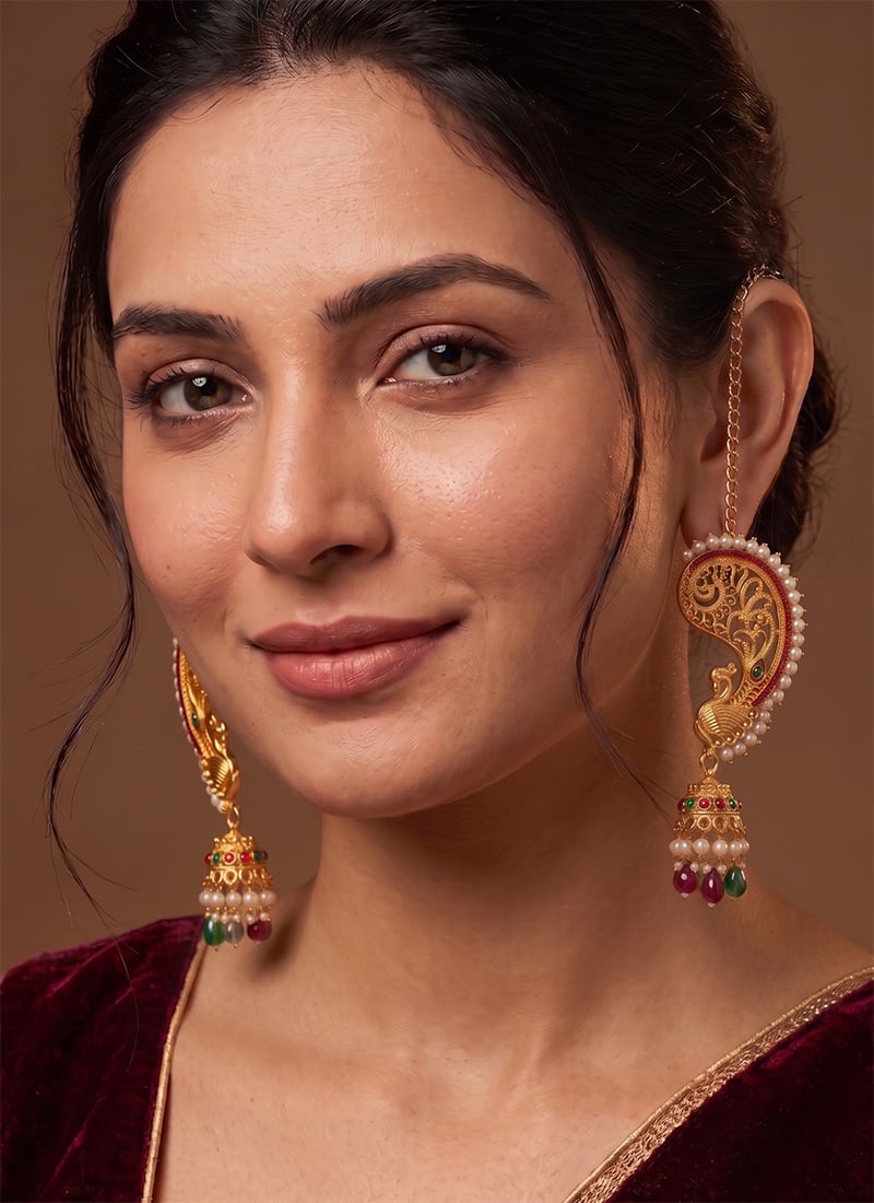 Ruby Green Antique Peacock Chain Jhumka Earrings With Pearl Drops After Six Wear