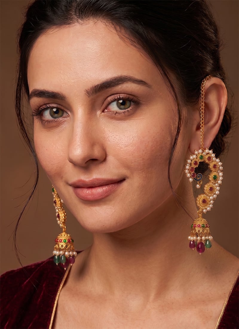 Ruby Green Floral Peacock Chain Jhumka Earrings With Pearls After Six Wear
