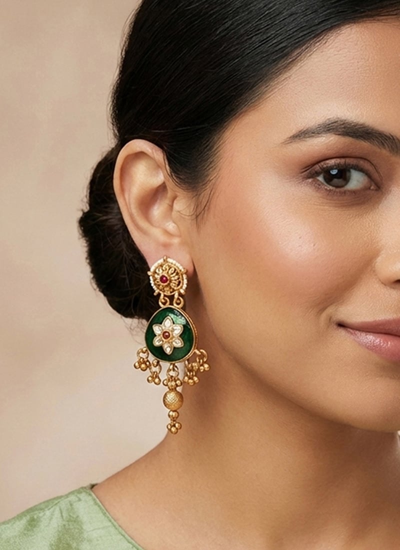 Ruby Green Golden Floral Dangler Earrings After Six Wear