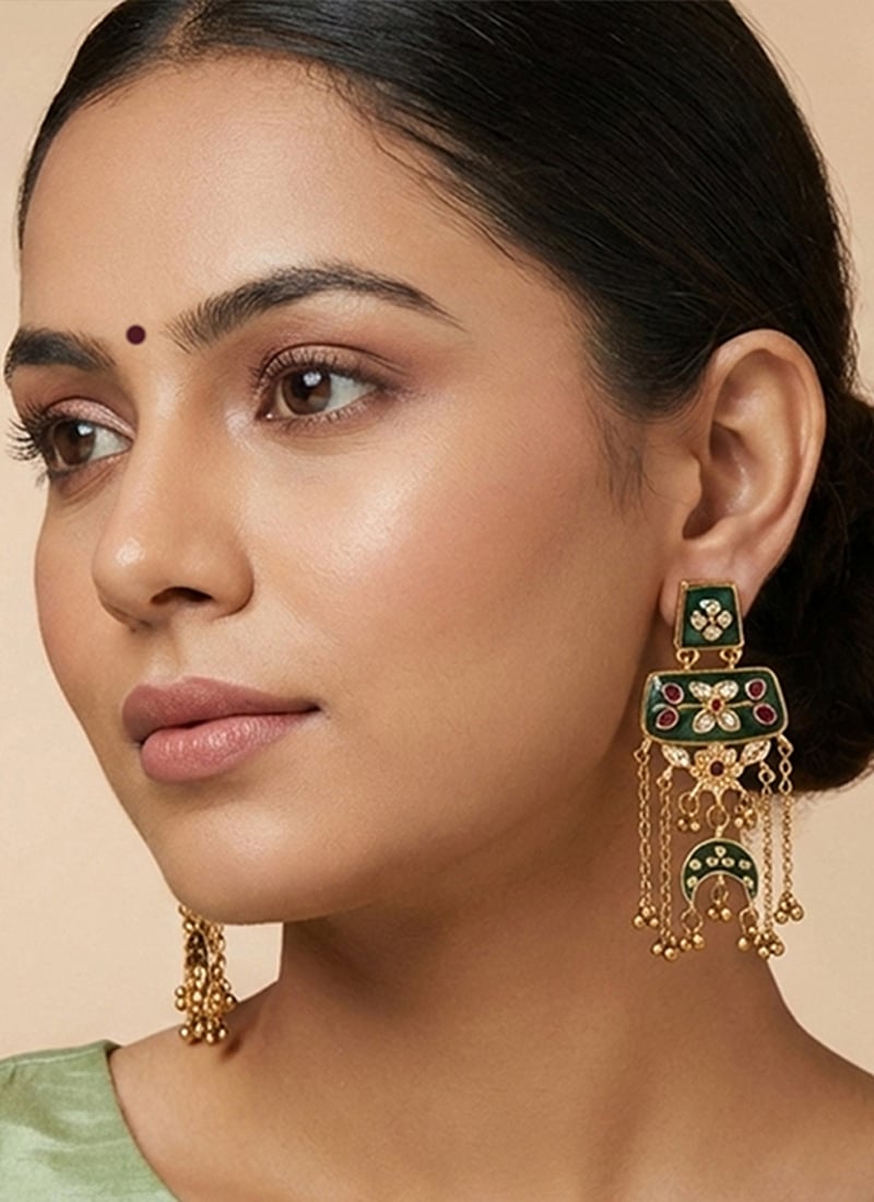 Ruby Green Golden Long Chain Dangler Earrings After Six Wear