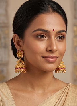 Ruby Green Golden South Style Temple Ghungaroo Jhumka Earrings
