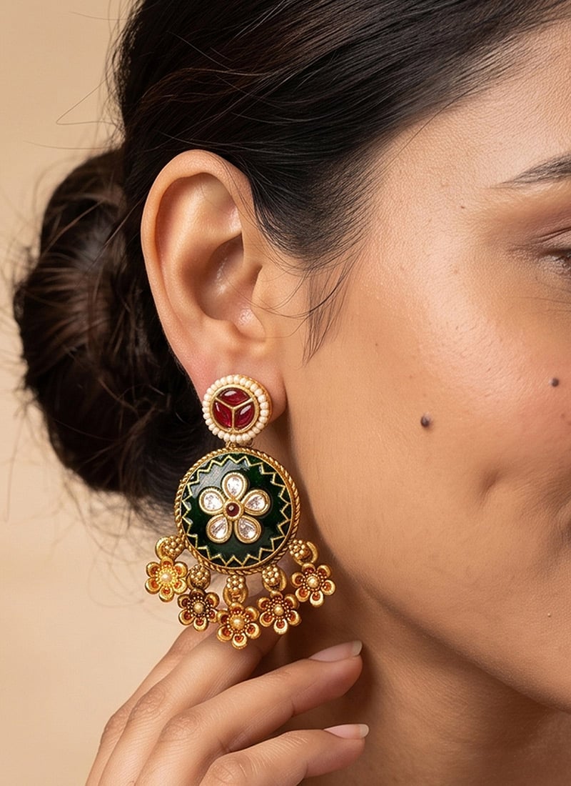 Ruby Green Rajwadi Floral Dangler Earrings After Six Wear