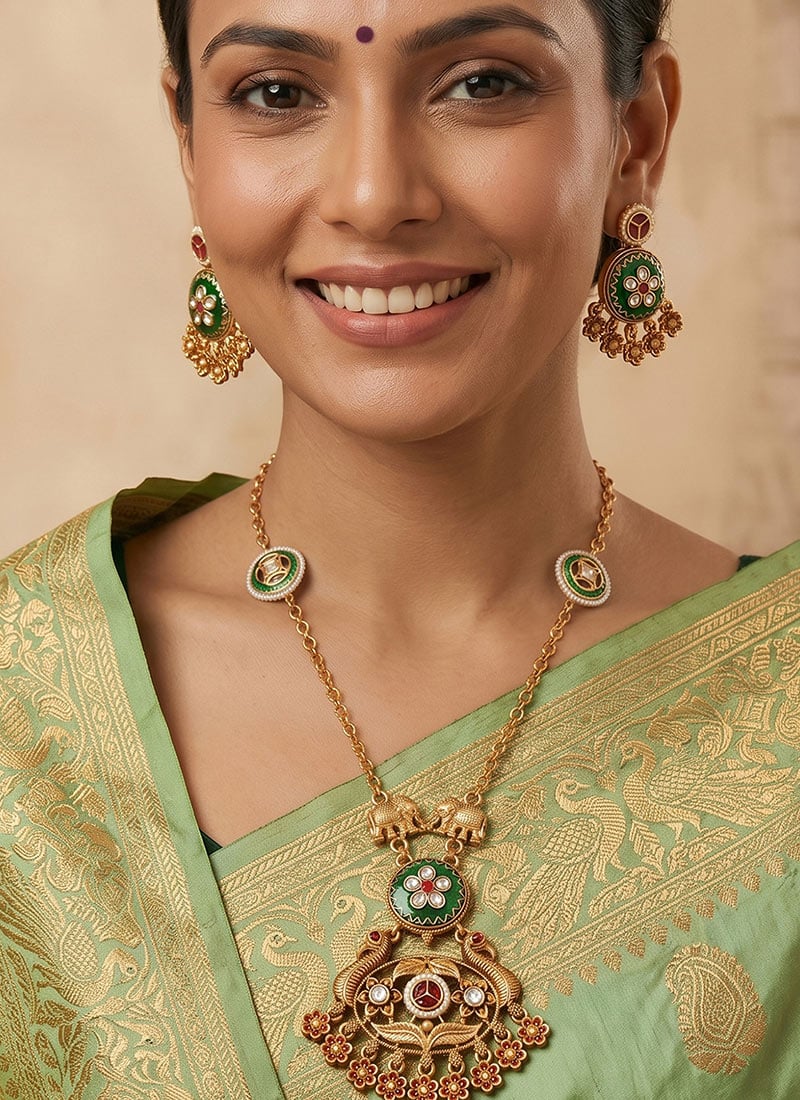Ruby Green Rajwadi Peacock Pendant Necklace Set Festive Wear