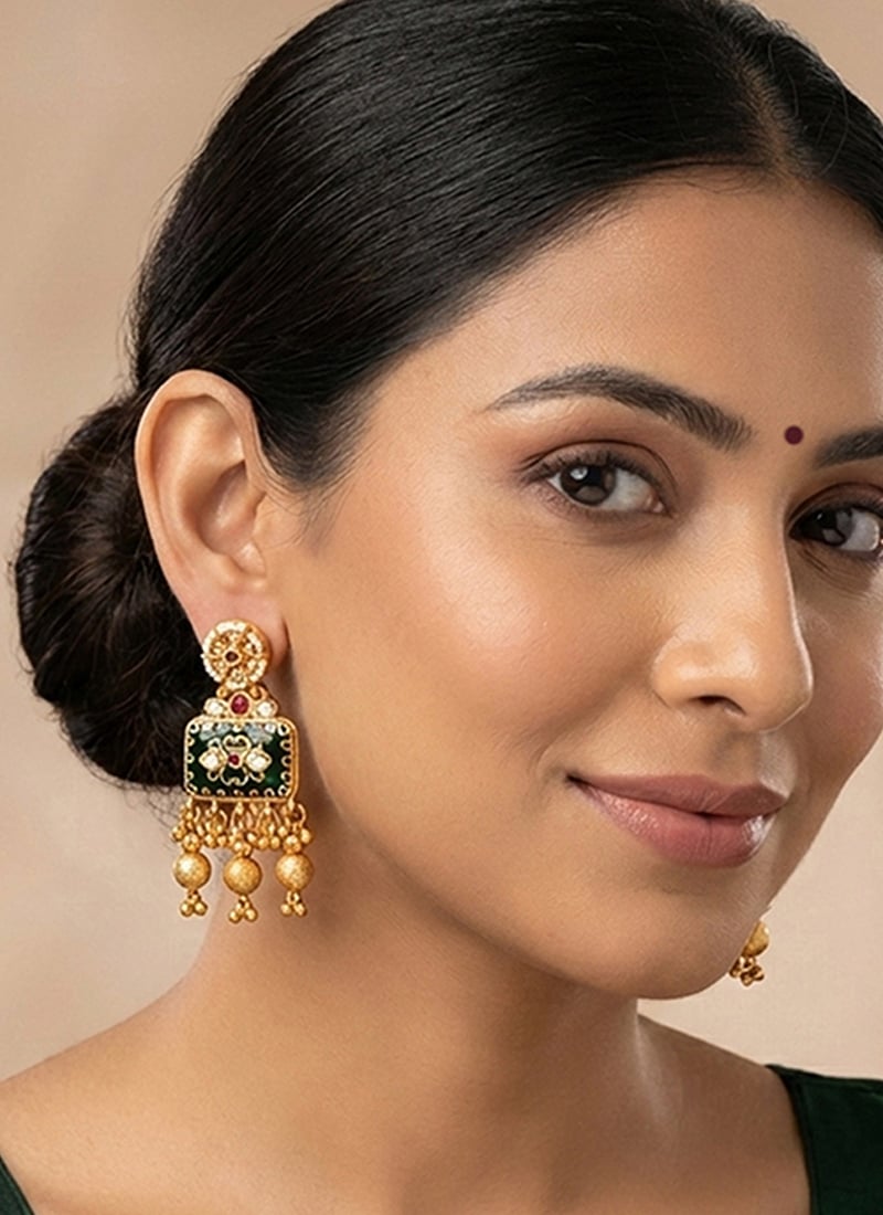 Ruby Green Rajwadi Polish Beads And Pearl Dangler Earrings After Six Wear