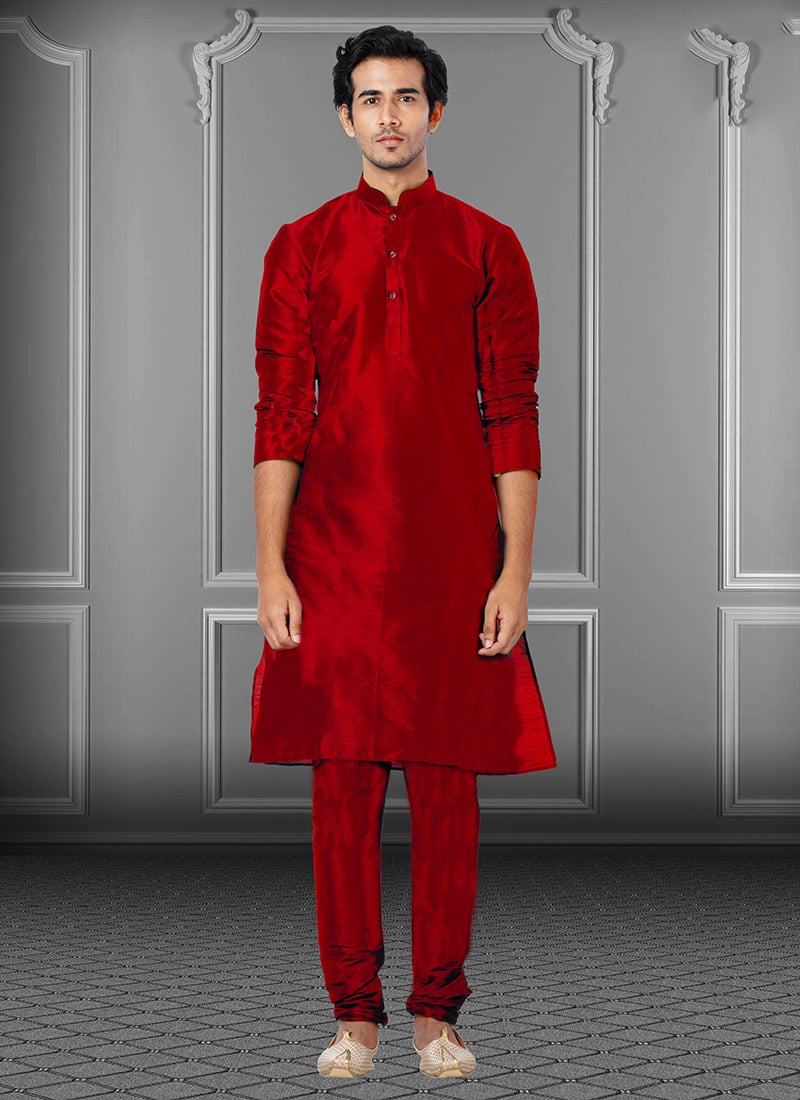 Ruby Red Dupion Silk Soild Plain Kurta Pyjama Party Wear