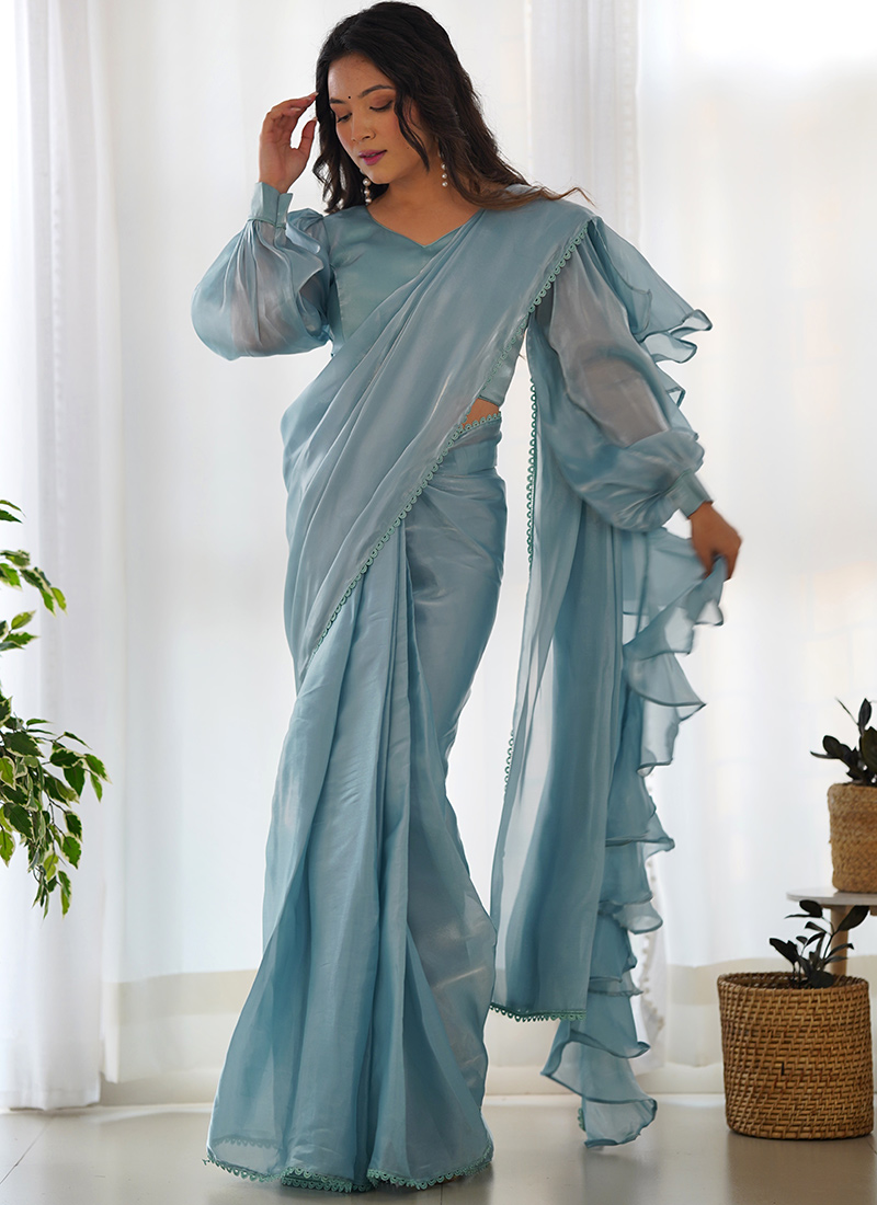 Ruffled Saree In Blue Organza For Elegant Wedding Wear-SAJSC8002ZF