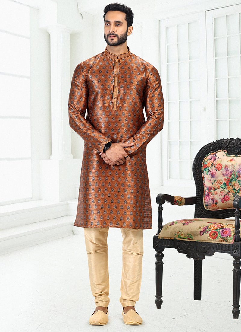 Rust Banarasi Silk Digital Pinted Kurta Pyjama Festive Wear