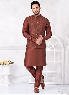 Rust Banarasi Silk Embroidered Sequins Thread Bandi Set