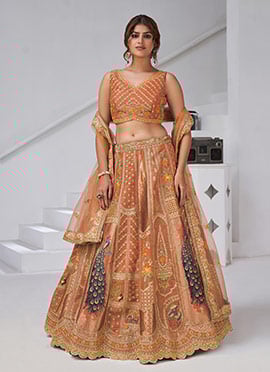 Rust Banarasi Silk Zari Embroidered Sequins With Stone Work Lehenga