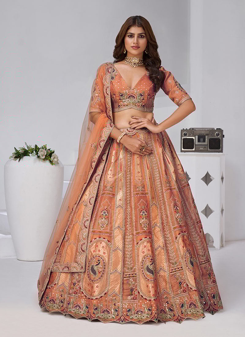 Rust Banarasi Silk Zari Embroidered Sequins With Stone Work Lehenga Wedding Wear