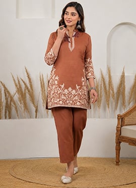 Rust Blended Cotton Jacquard Printed Co Ord Set