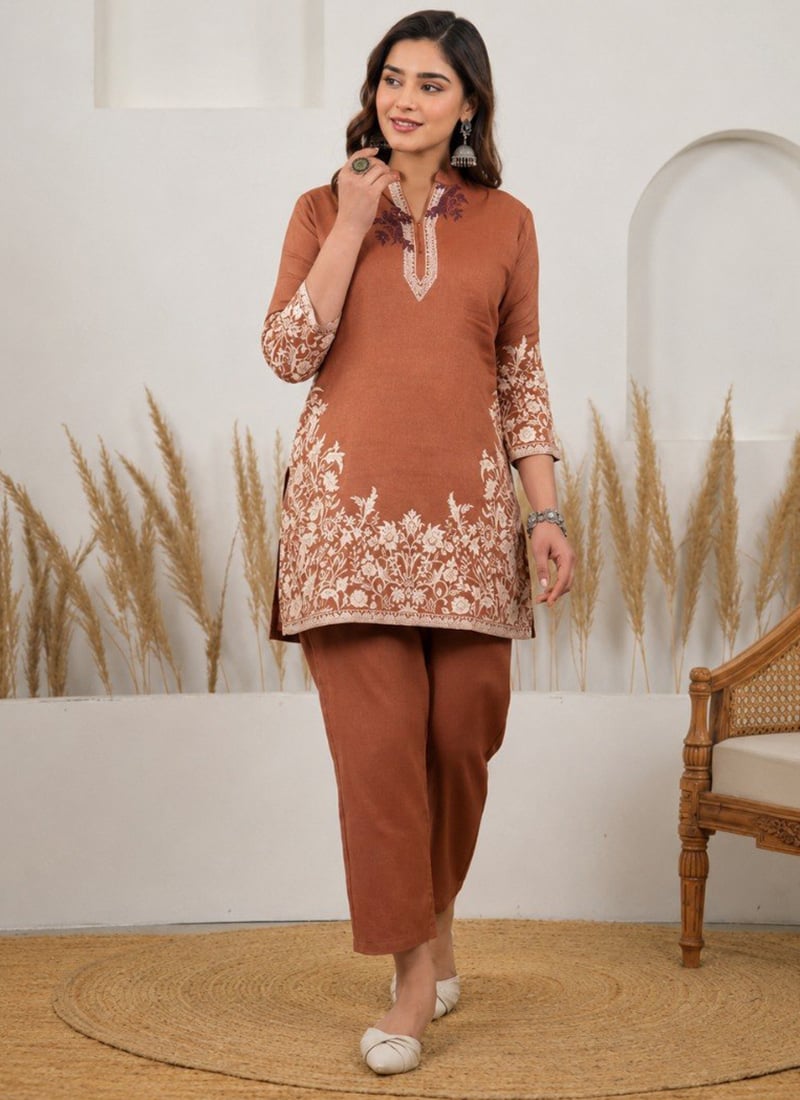 Rust Blended Cotton Jacquard Printed Co Ord Set Work Wear