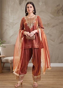 Rust Brown Fandy Silk Embroidered Farshi Salwar Suit