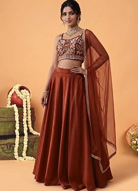 Rust Brown Silk Beads Embroidered Sequins Cutdana Hand Embroidery Lehenga