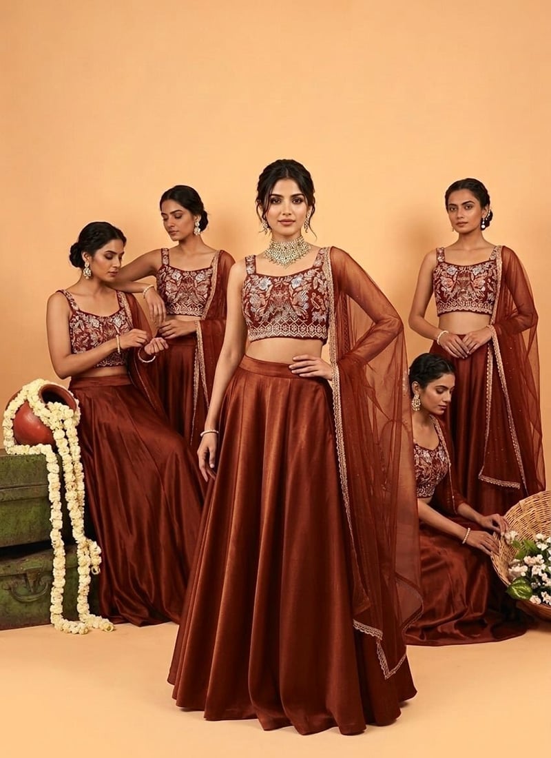 Rust Brown Silk Beads Embroidered Sequins Cutdana Hand Embroidery Lehenga Wedding Wear