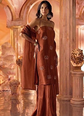 Rust Brown Silk Hand Embroidered With Stone Work Palazzo Suit