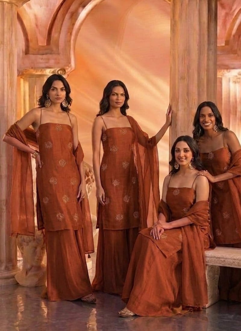 Rust Brown Silk Hand Embroidered With Stone Work Palazzo Suit After Six Wear