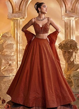 Rust Brown Silk Zari Sequins With Stone Work Lehenga Wedding Wear