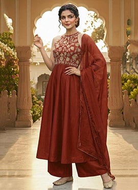 Rust Brown Zari Sequins Embroidered Silk Anarkali Suit