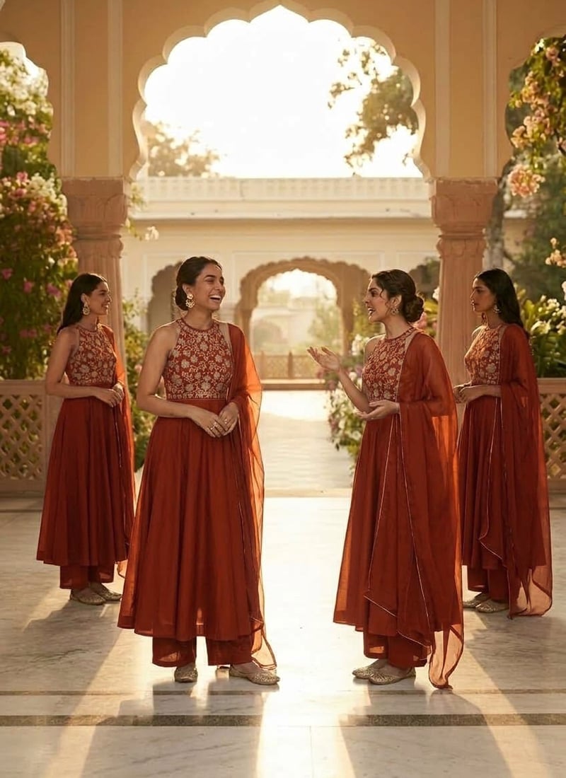 Rust Brown Zari Sequins Embroidered Silk Anarkali Suit Festive Wear