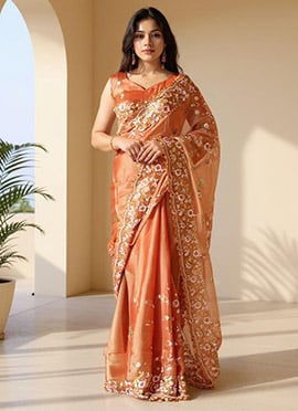 Rust Burberry Silk Embroidered Sequins Saree