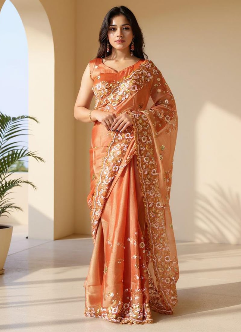 Rust Burberry Silk Embroidered Sequins Saree Festive Wear