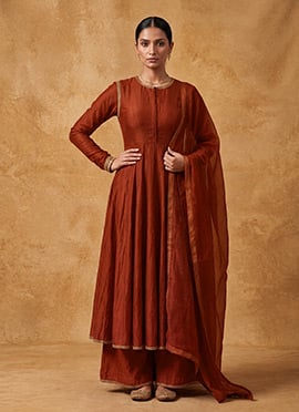 Rust Chanderi Sequins Cutdana Embroidered Palazzo Suit