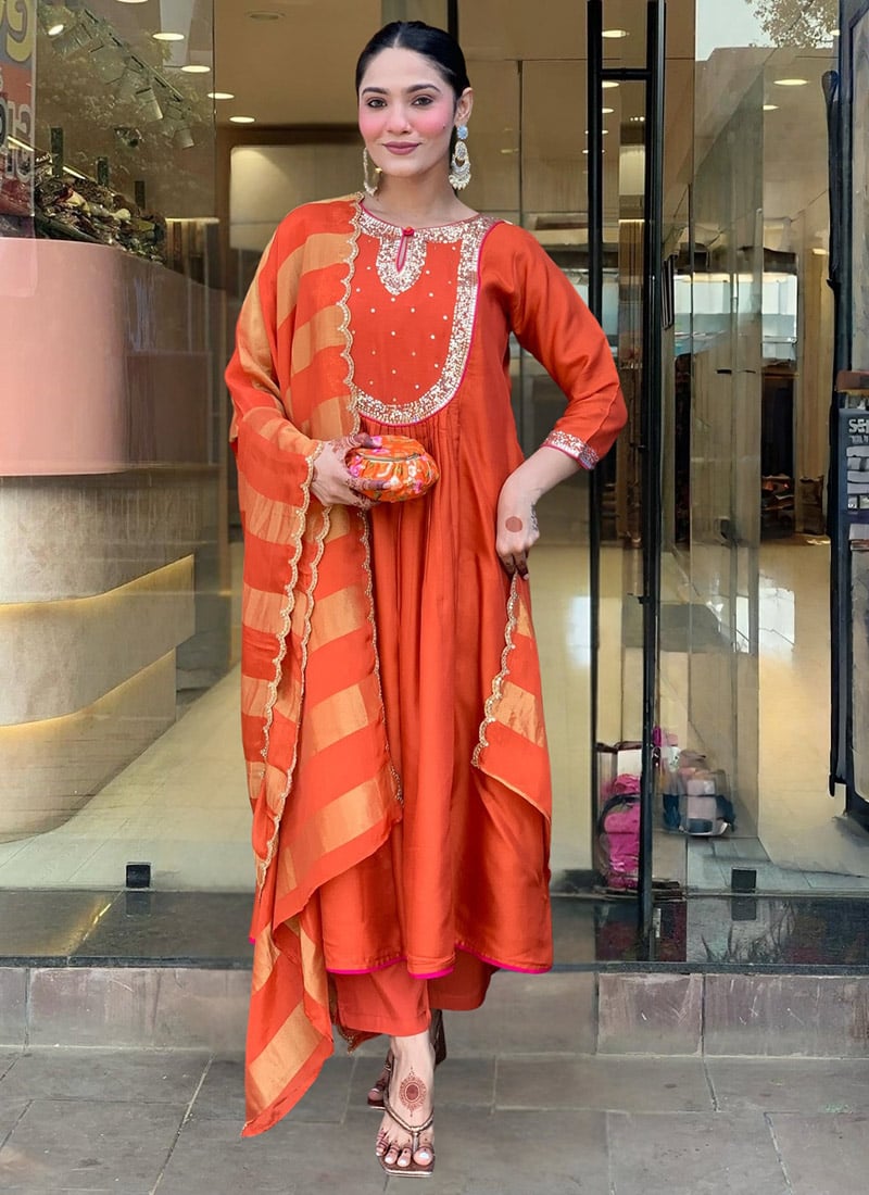 Rust Chanderi Sequins Jacquard Anarkali Suit Festive Wear