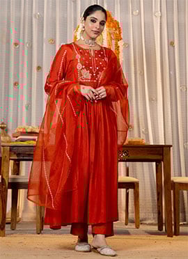 Rust Chanderi Silk Embroidered Anarkali Suit