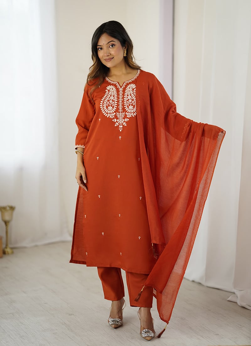 Rust Chanderi Silk Embroidered Sequins Straight Pant Suit After Six Wear