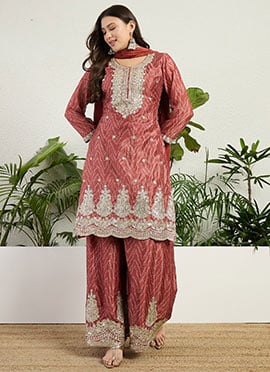 Rust Chinon Bandini Print Zari Embroidered Sequins Palazzo Suit