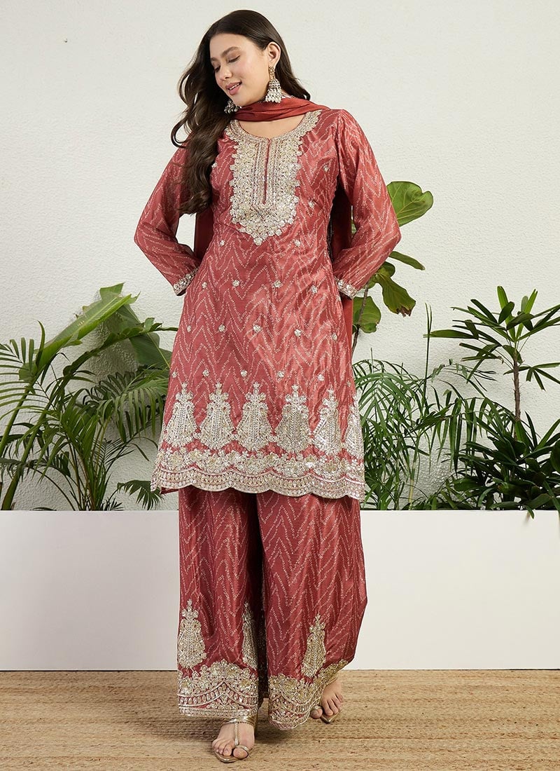 Rust Chinon Bandini Print Zari Embroidered Sequins Palazzo Suit Festive Wear