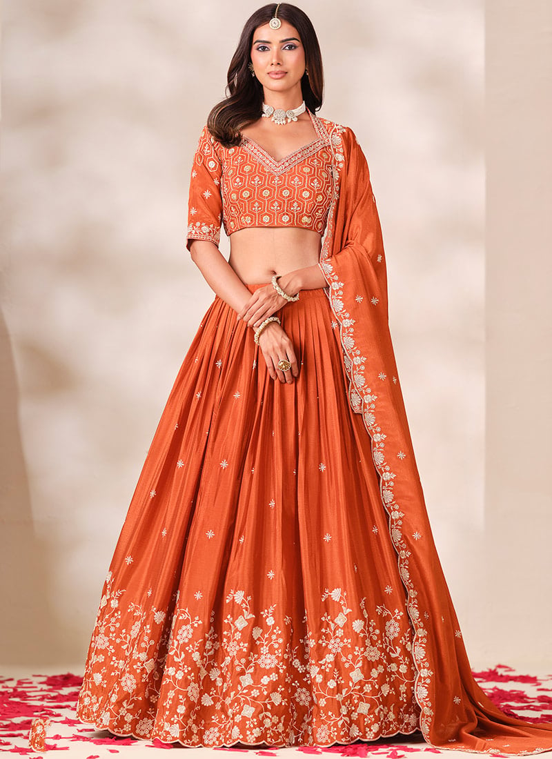 Rust Chinon Embroidered Lehenga After Six Wear