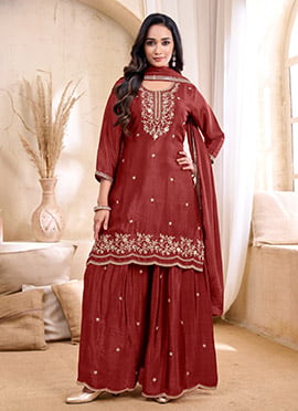 Rust Chinon Embroidered Sequins Palazzo Suit