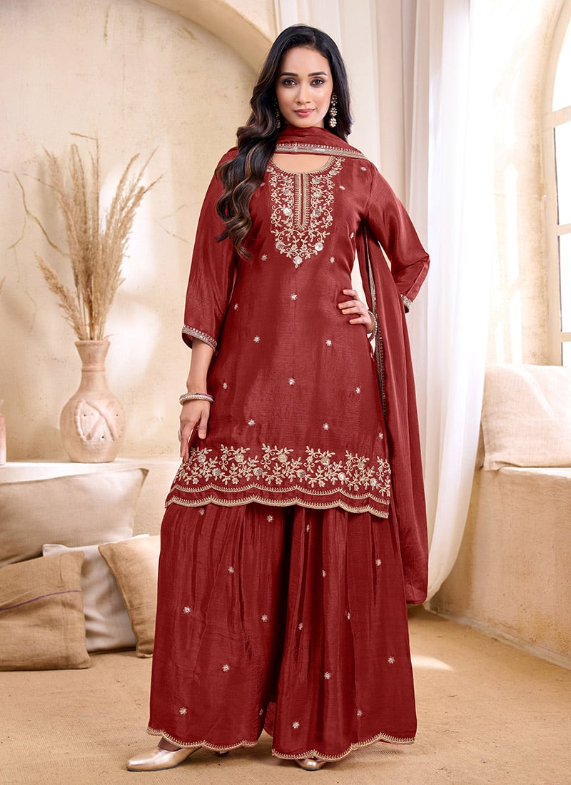 Rust Chinon Embroidered Sequins Palazzo Suit After Six Wear